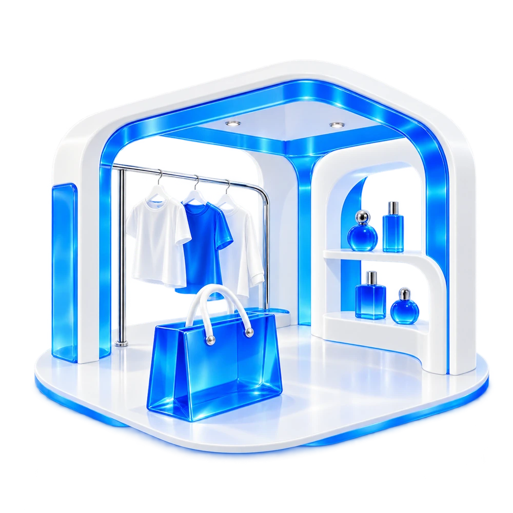Blue and white boutique artwork with an open shopping floor and no checkout counter.