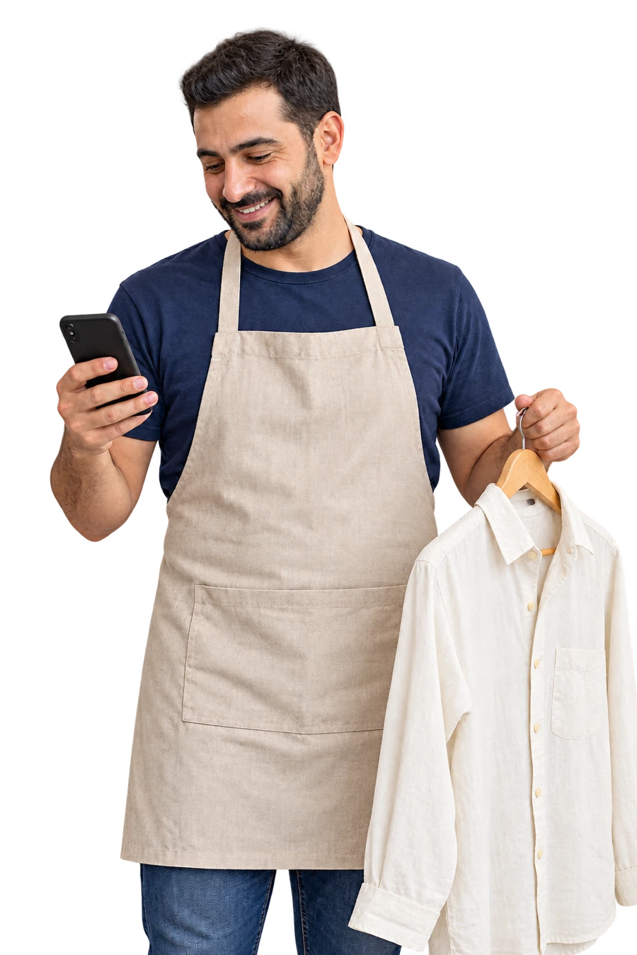 Illustrative campaign portrait of a retailer helping a shopper from his phone.