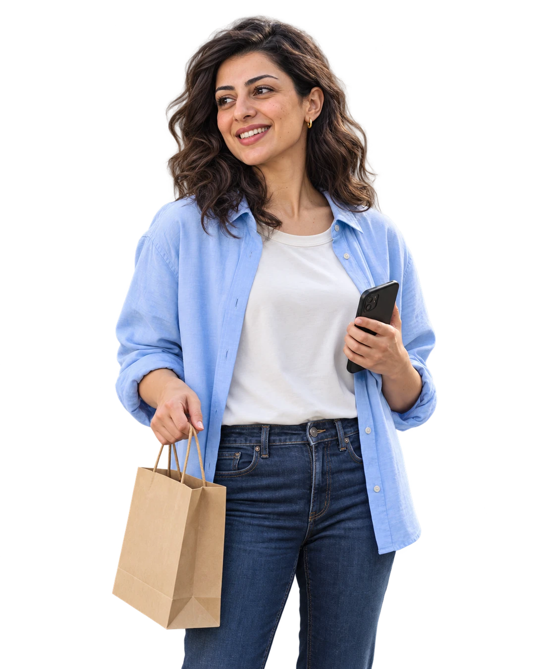 Illustrative campaign portrait of a boutique owner carrying a shopping bag.