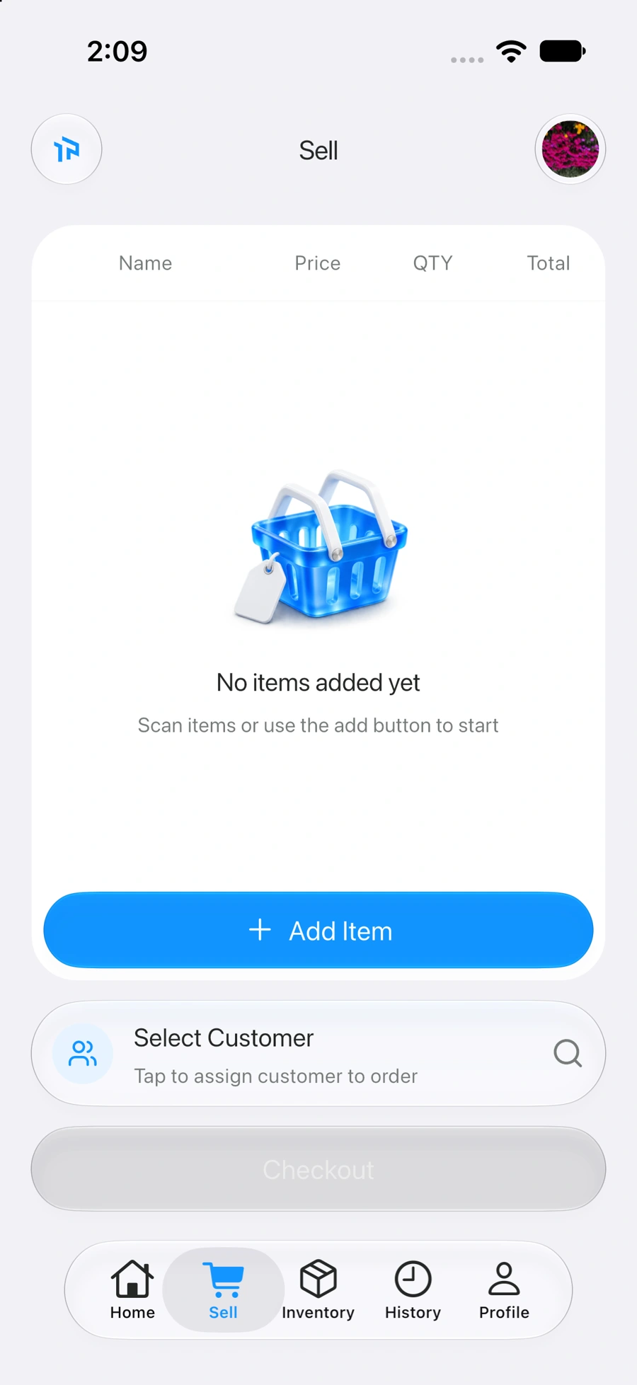 Actual TaPAY app: barcode sales and customer selection on iPhone.